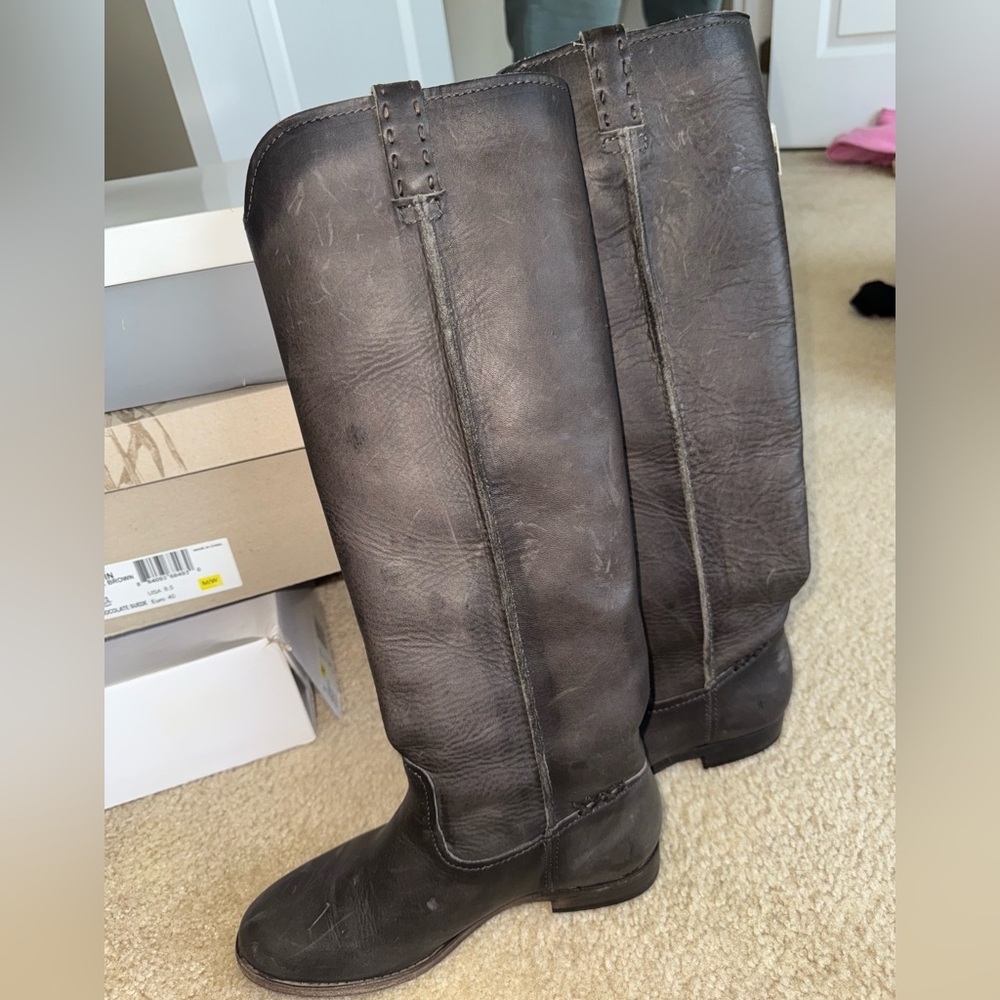 Frye Women’s Dark Brown/Greige Knee-High Leather Boots